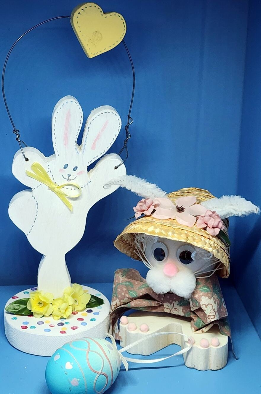 Handmade Painted Spring Easter Wooden Bunny Décor & Decorated Egg Ornament Lot